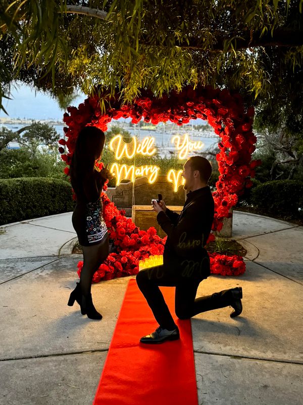 Couple getting engaged under a heart-shaped red rose arch, with a red carpet and 'Will you marry me?' sign