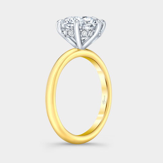 Two tone diamond ring on hand, round halo.