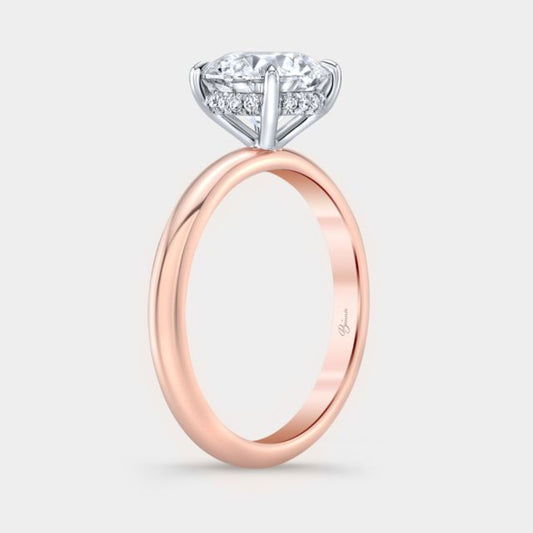 Two tone diamond ring on hand, round halo.