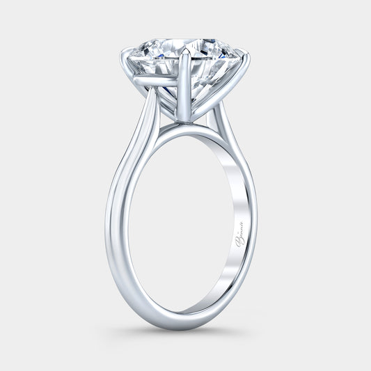 Platinum diamond ring on hand, round solitaire.