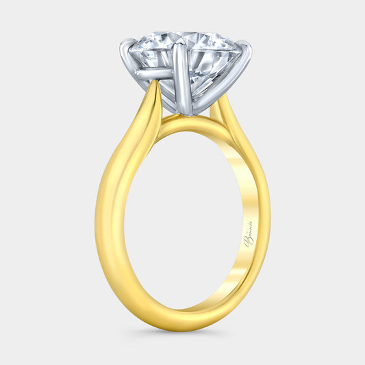 Two tone diamond ring on hand, round solitaire.