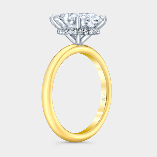 Two tone diamond ring on hand, oval halo.