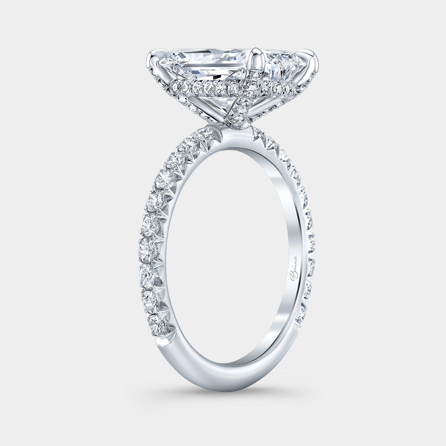 Platinum radiant ring, 45 degree, full basket.