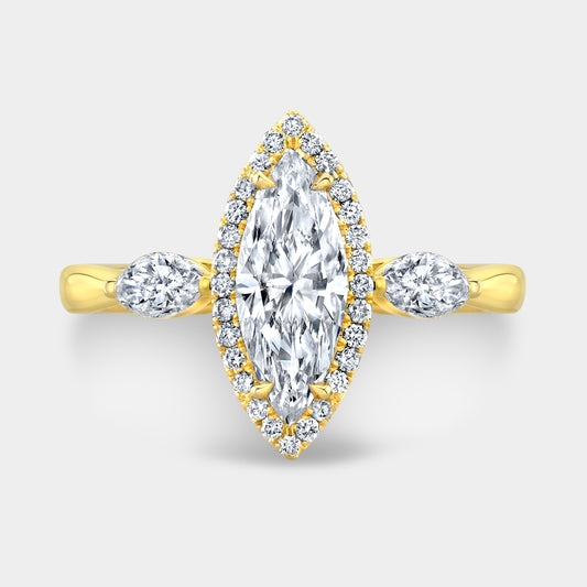 Marquise ring, top down, halo, three stone setting.