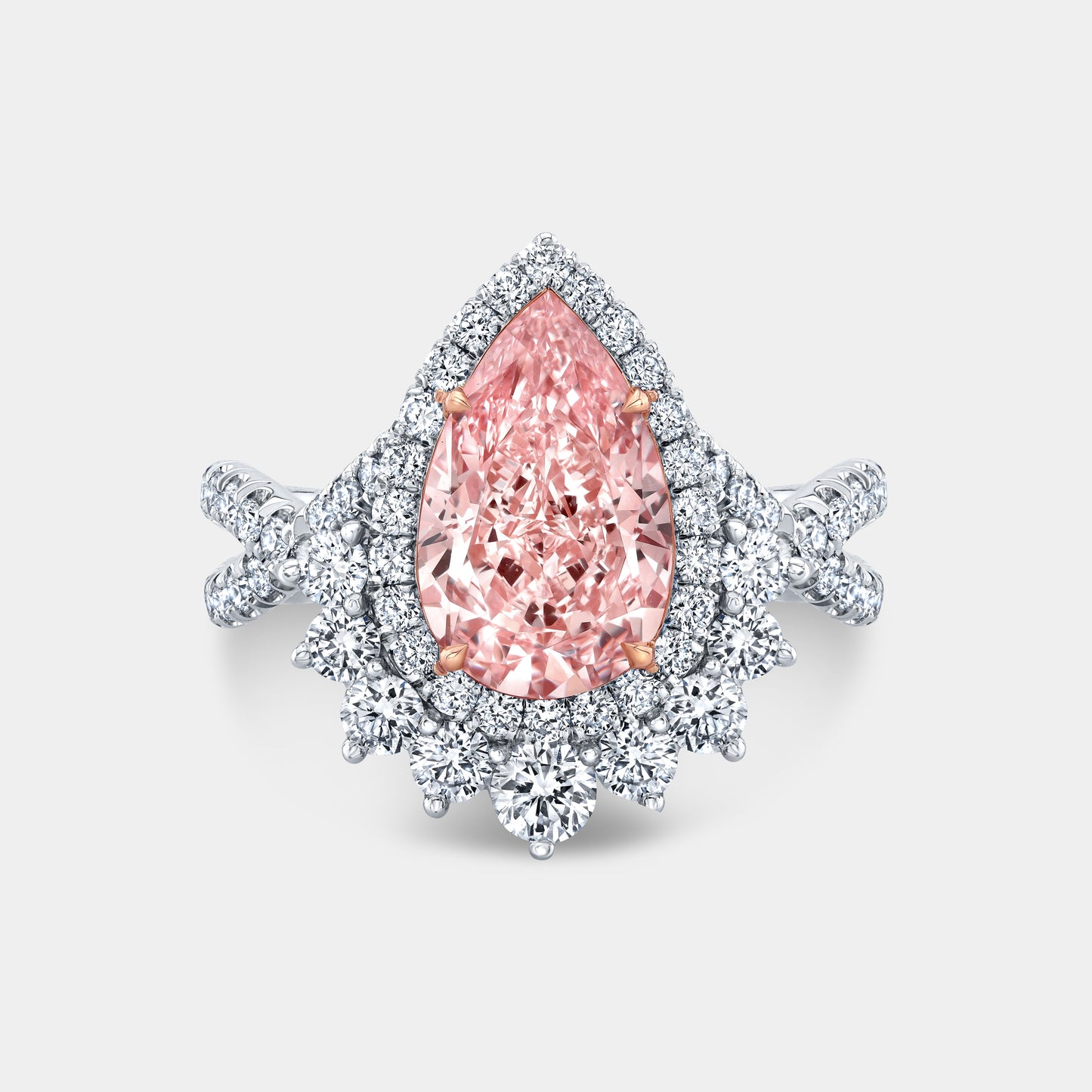 Pink pear ring, top down, halo, pave twist, two tone.