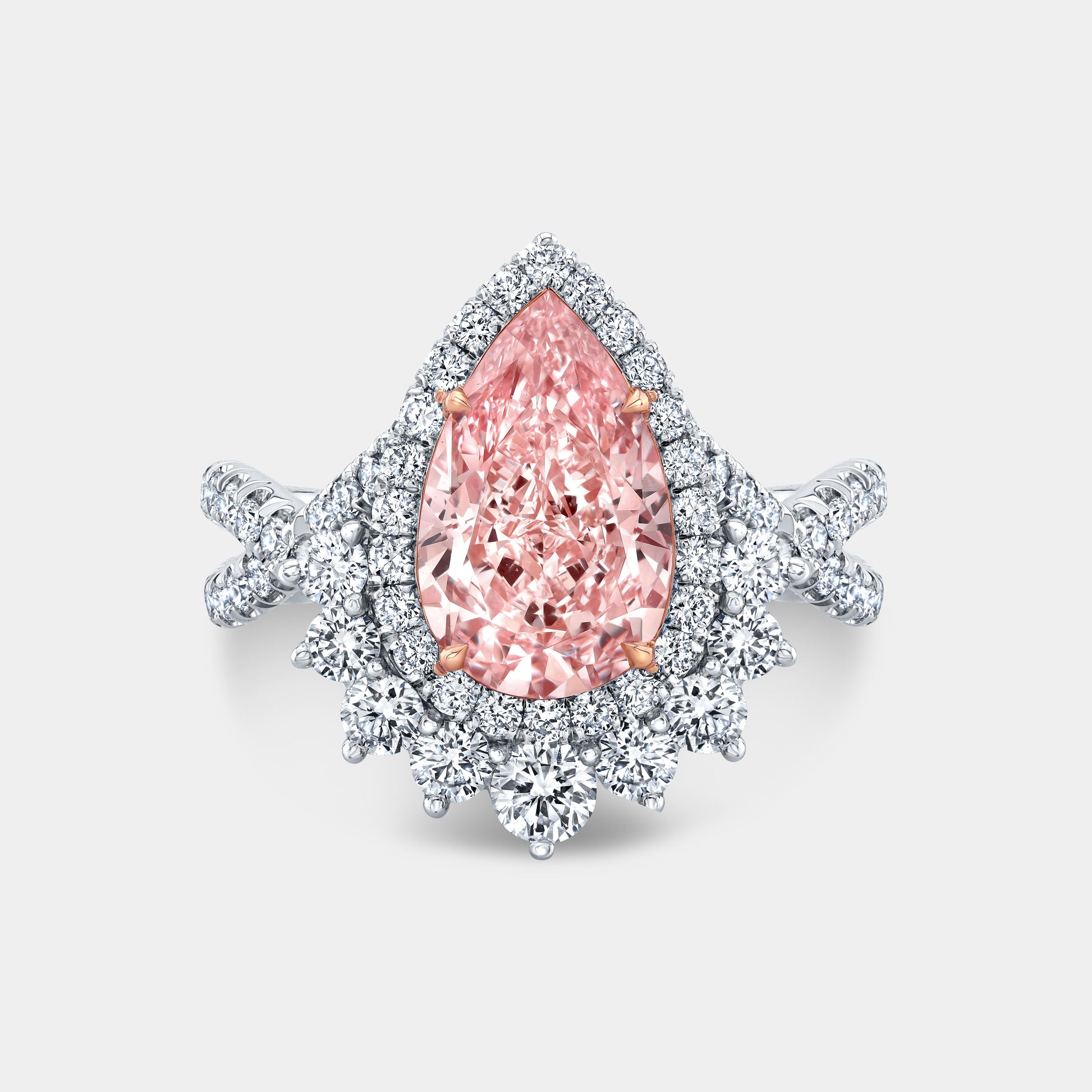 Pink pear ring, top down, halo, pave twist, two tone.
