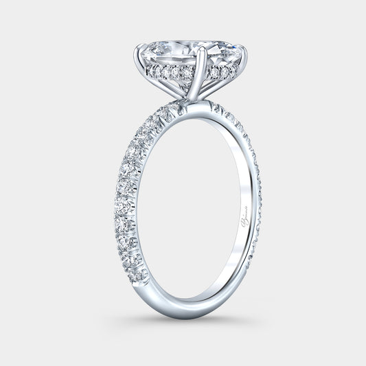 Platinum oval ring, 45 degree, hidden halo.