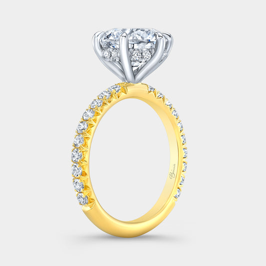 Two tone round diamond ring, 45 degree, halo.