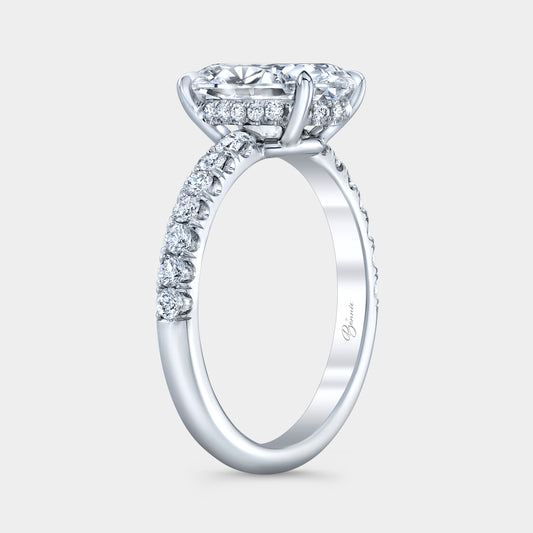 White gold oval diamond ring, 45 degree, hidden halo.