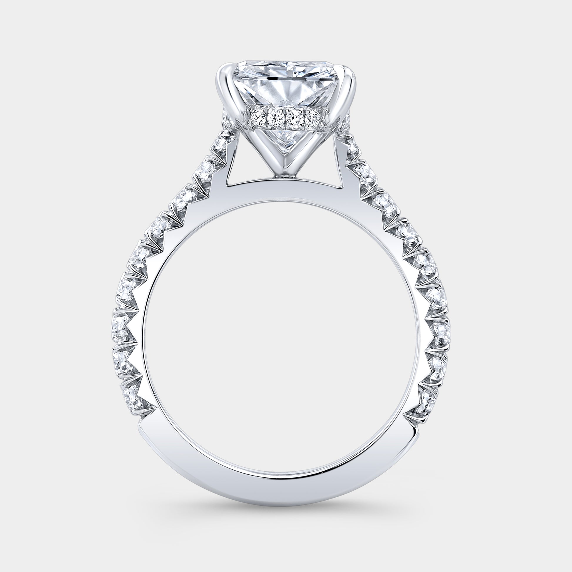 Diamond ring, side view, halo and prongs.