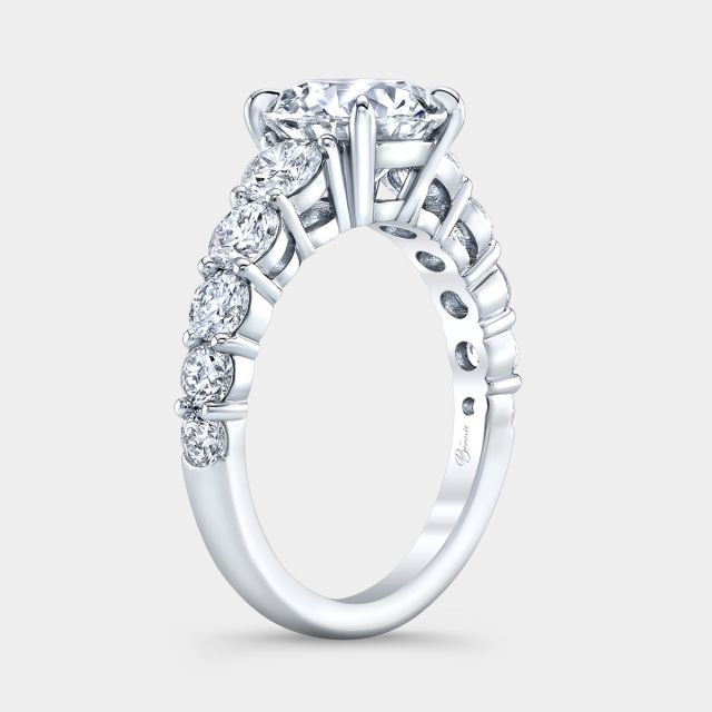 Platinum round diamond ring, 45 degree, graduating.