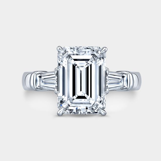 Emerald diamond ring, top down, 3 stone, baguettes.