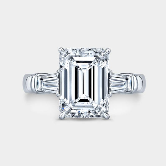 Emerald diamond ring, top down, 3 stone, baguettes.