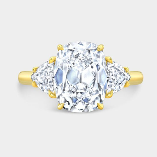 Cushion diamond ring, top down, 3 stone, trillion sides.