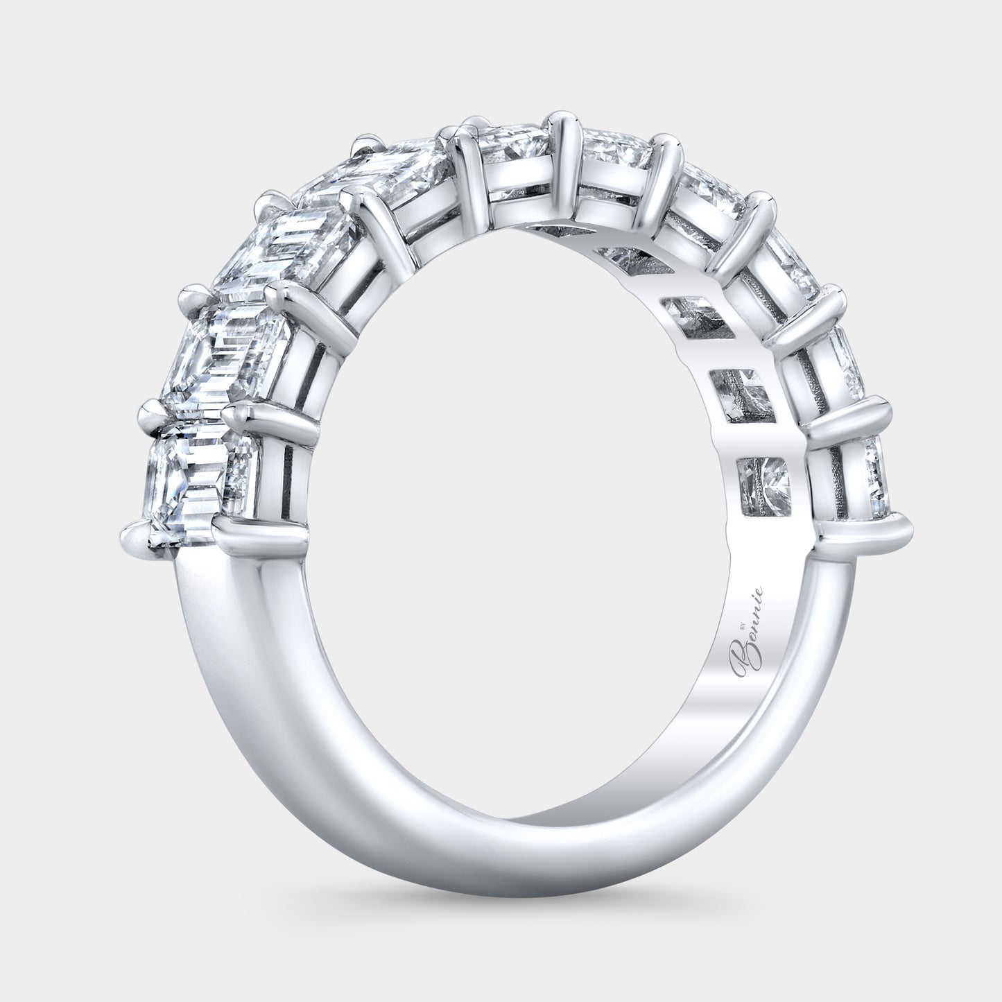 Platinum Half Way Wedding Band, Emerald Cut Diamonds