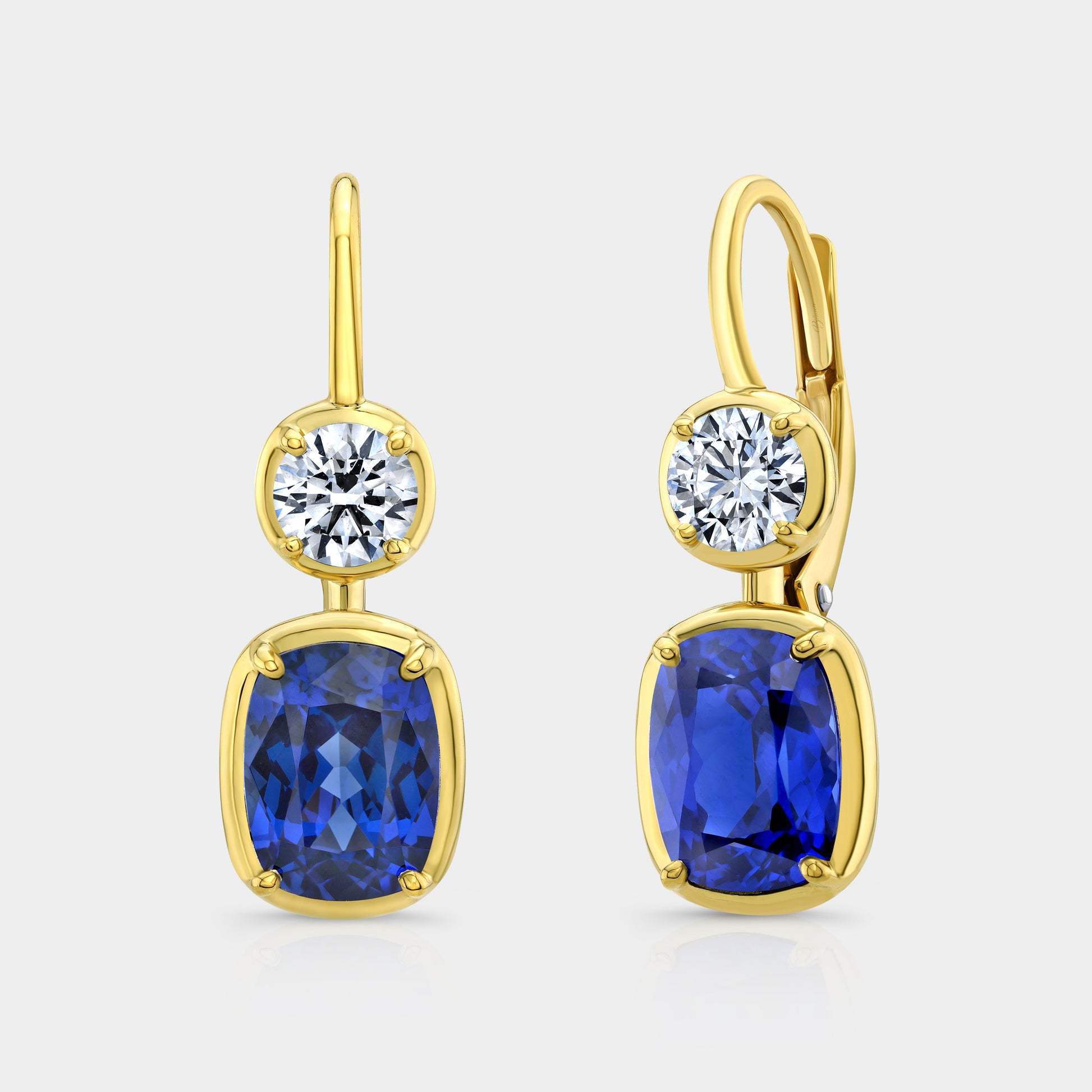 4ct Sapphire Diamond Drop Earrings, Cushion Cut, Gold.