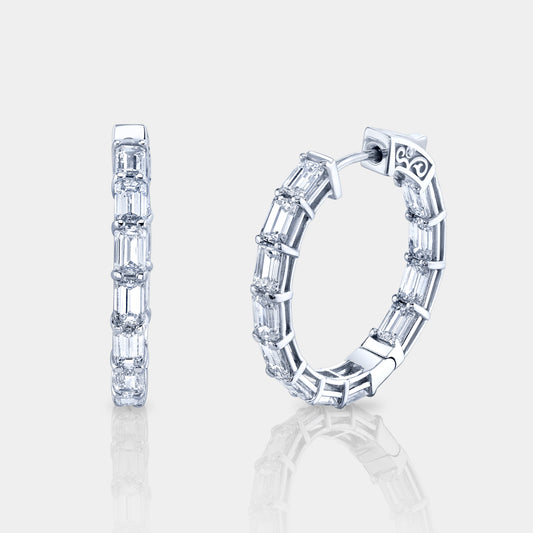 5.75ct Emerald Cut Diamond Hoop Earrings, White Gold.