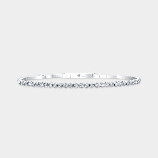 White gold flexi bangle with round lab grown diamonds, milgrain detail, half-way coverage.