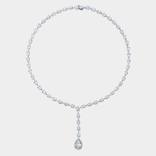 White gold necklace, pear diamond drop pendant.