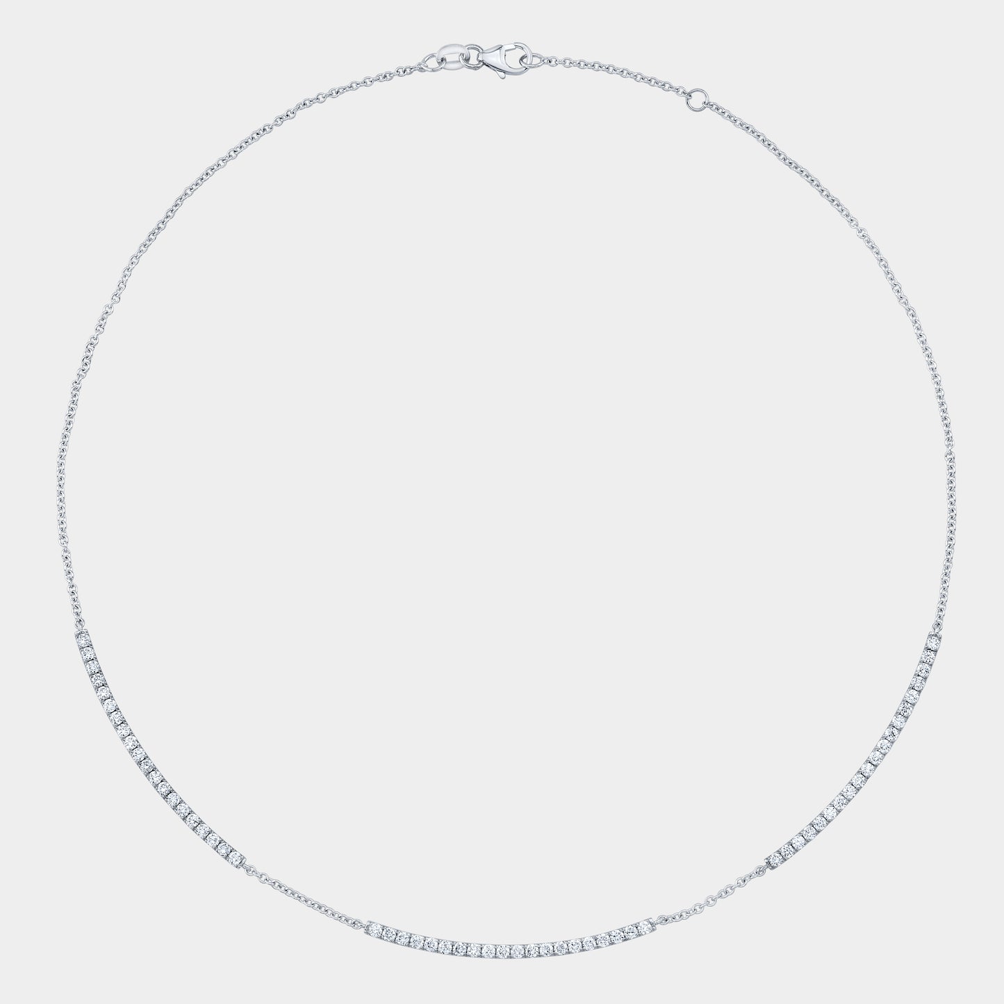 White gold choker necklace, round lab grown diamonds, 3 bar design.