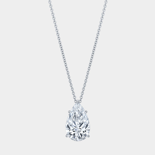 White gold necklace, pear diamond pendant, solitaire setting.