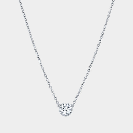 Platinum necklace, round diamond pendant, bezel setting.