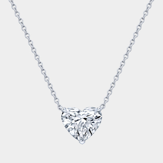 Platinum necklace, heart diamond pendant, solitaire setting.