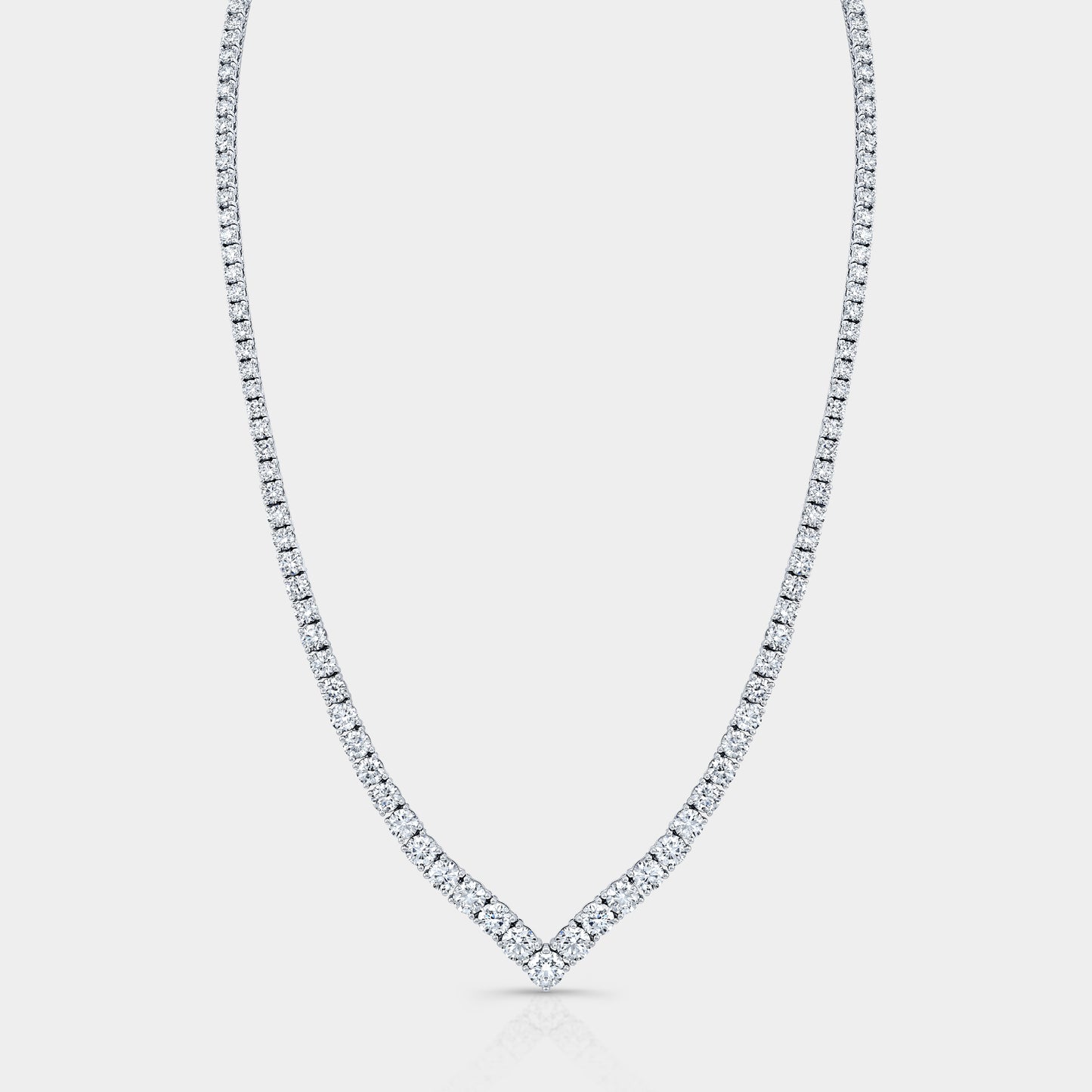 White gold tennis necklace, round lab grown diamonds, chevron design.