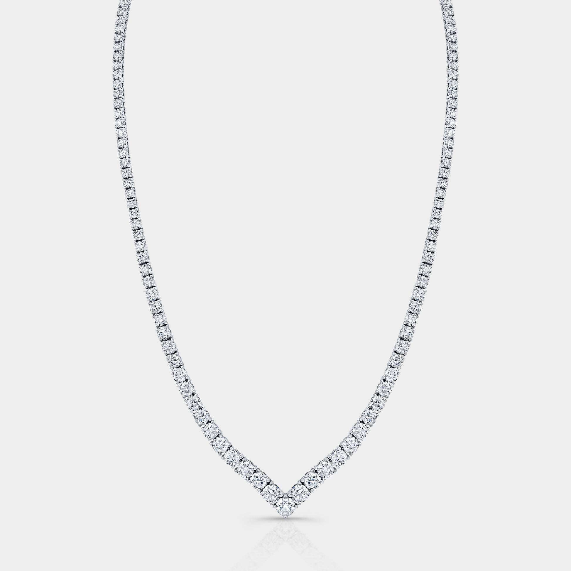 White gold tennis necklace, round lab grown diamonds, chevron design.