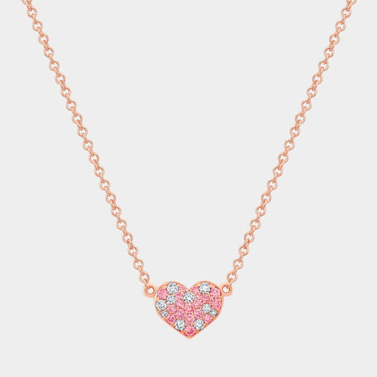 Rose gold necklace, pink lab grown diamonds, heart pave pendant.
