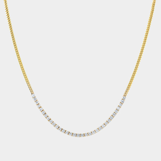 Yellow gold Cuban link choker, round diamonds, tennis line.
