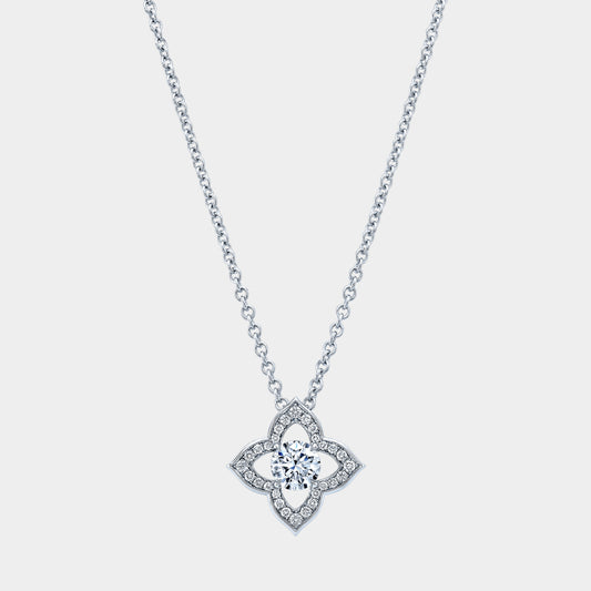 White gold necklace, round diamonds, clover pendant.