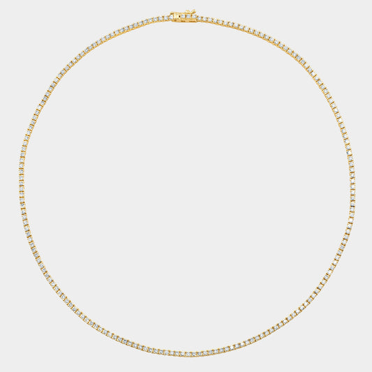Yellow gold tennis necklace, round diamonds, petite choker design.