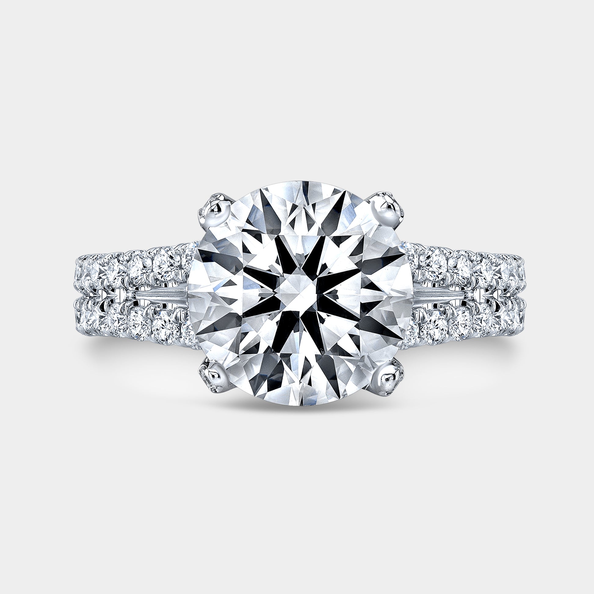 Round diamond ring, double row U pave setting view.