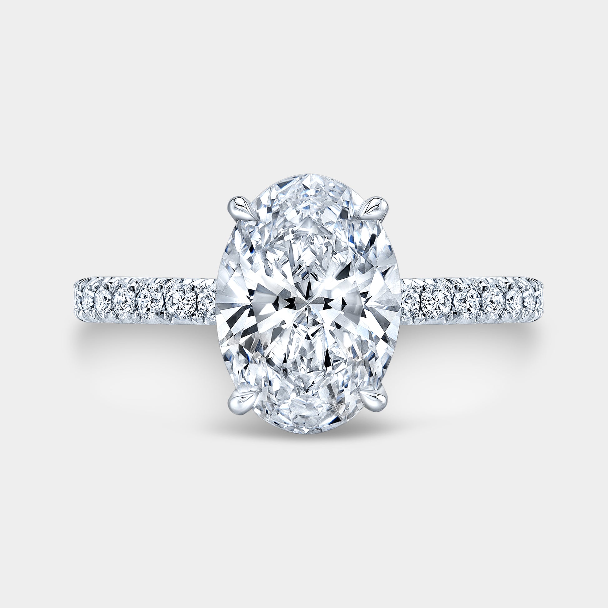 Oval diamond ring, U pave setting view.
