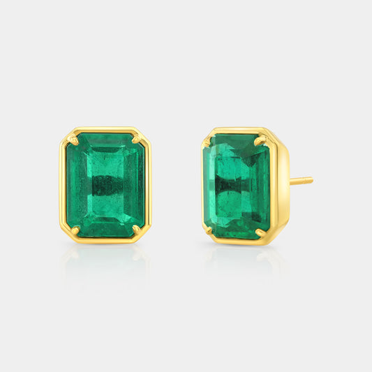6.25ct Emerald Stud Earrings, Yellow Gold, Zambia Green.