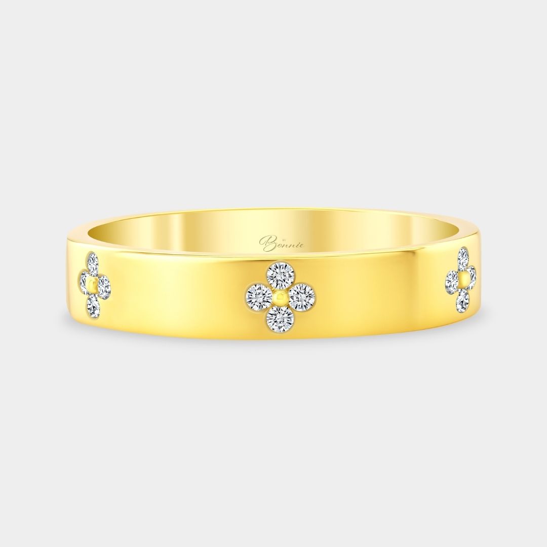 Clover Leaf Flower 4.0mm Yellow Gold Lab Diamond Band – By Bonnie