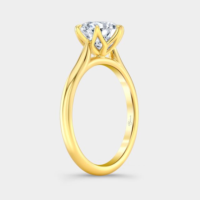 Yellow gold diamond ring on hand, round tulip.