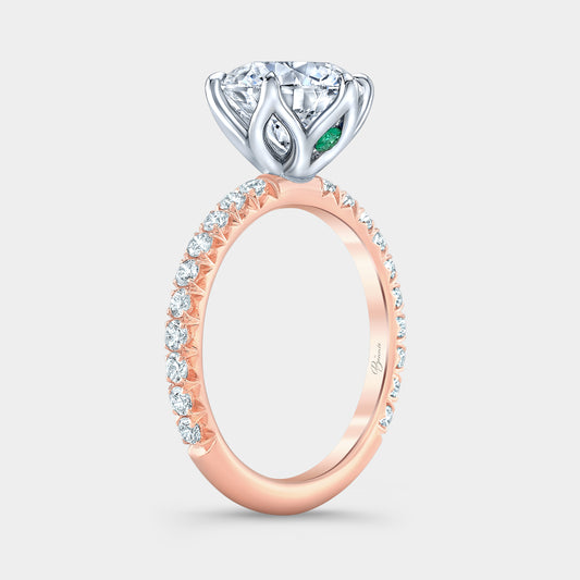 Two tone diamond ring on hand, round tulip pave.