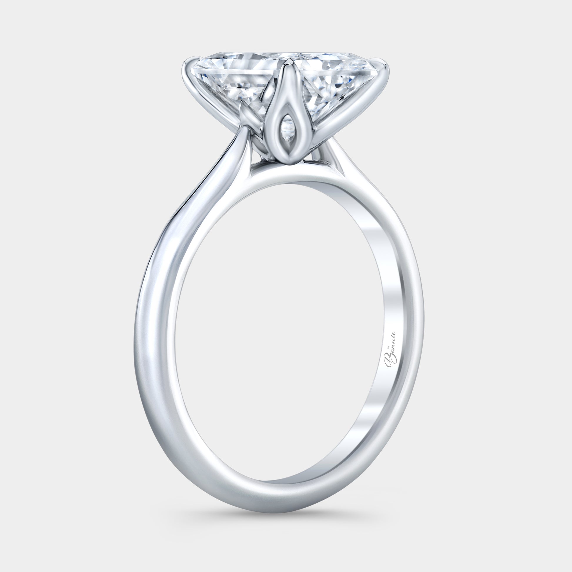 Radiant diamond ring, tulip basket view.