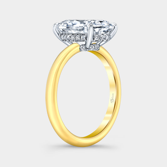 Two tone diamond ring on hand, oval halo.
