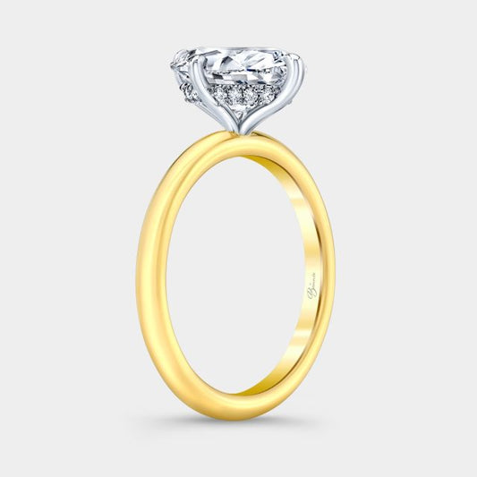 Two tone diamond ring on hand, oval halo.