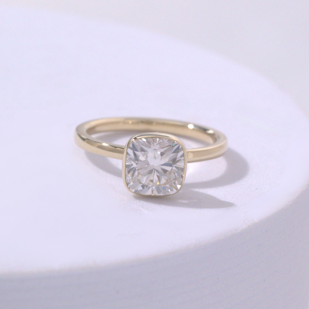 Cushion Diamond Bezel Set Tulip Solitiare Yellow Gold And Platinum Engagement Ring