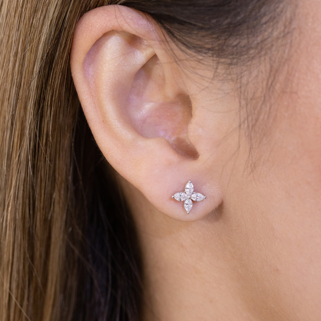 Diamond stud earring on ear.
