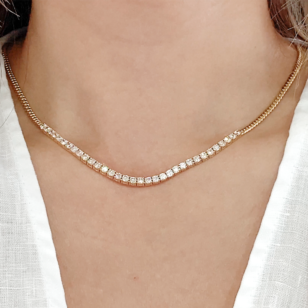 Choker worn on person, round diamonds, Cuban link chain.