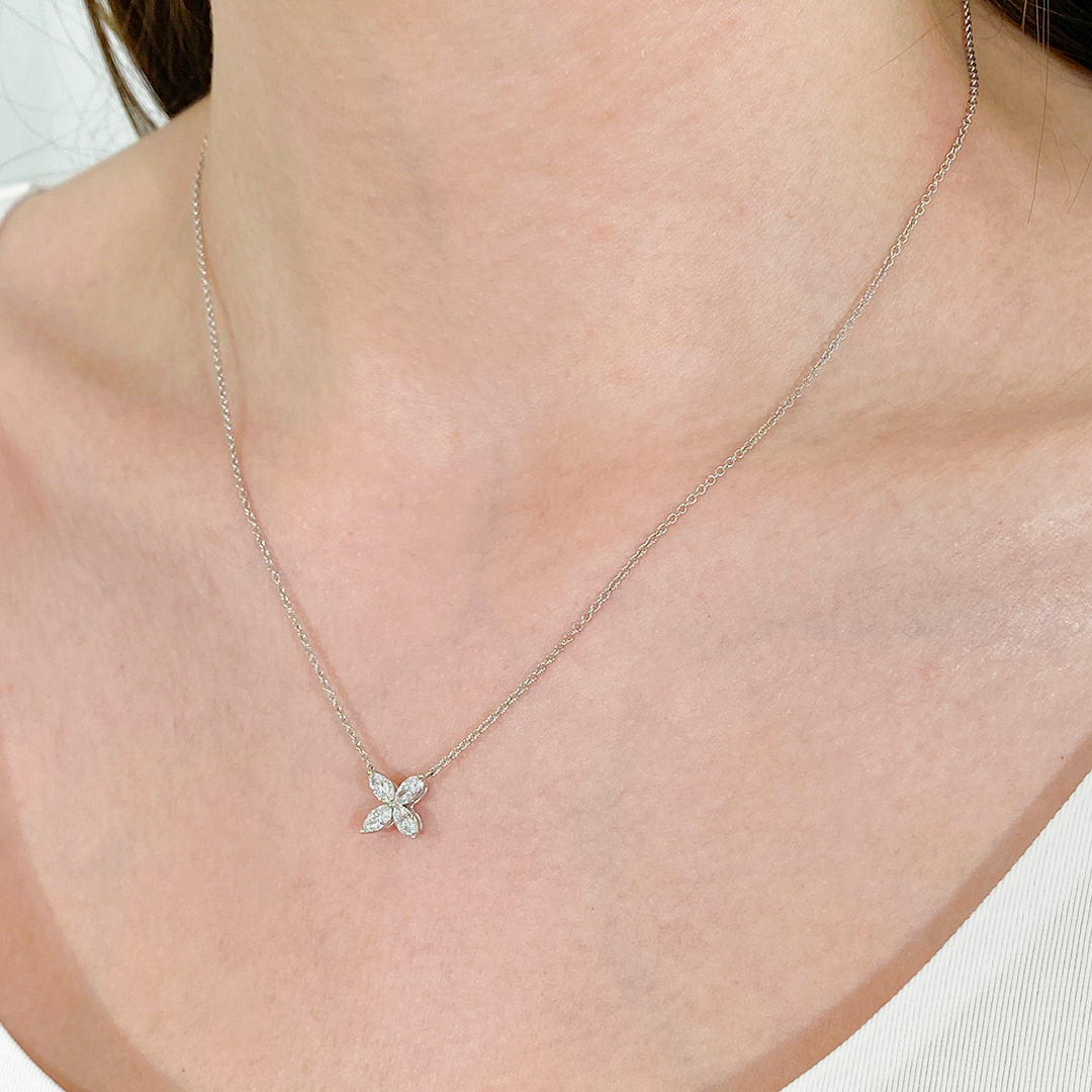 Necklace worn on person, marquise diamond pendant, La Fleur design.