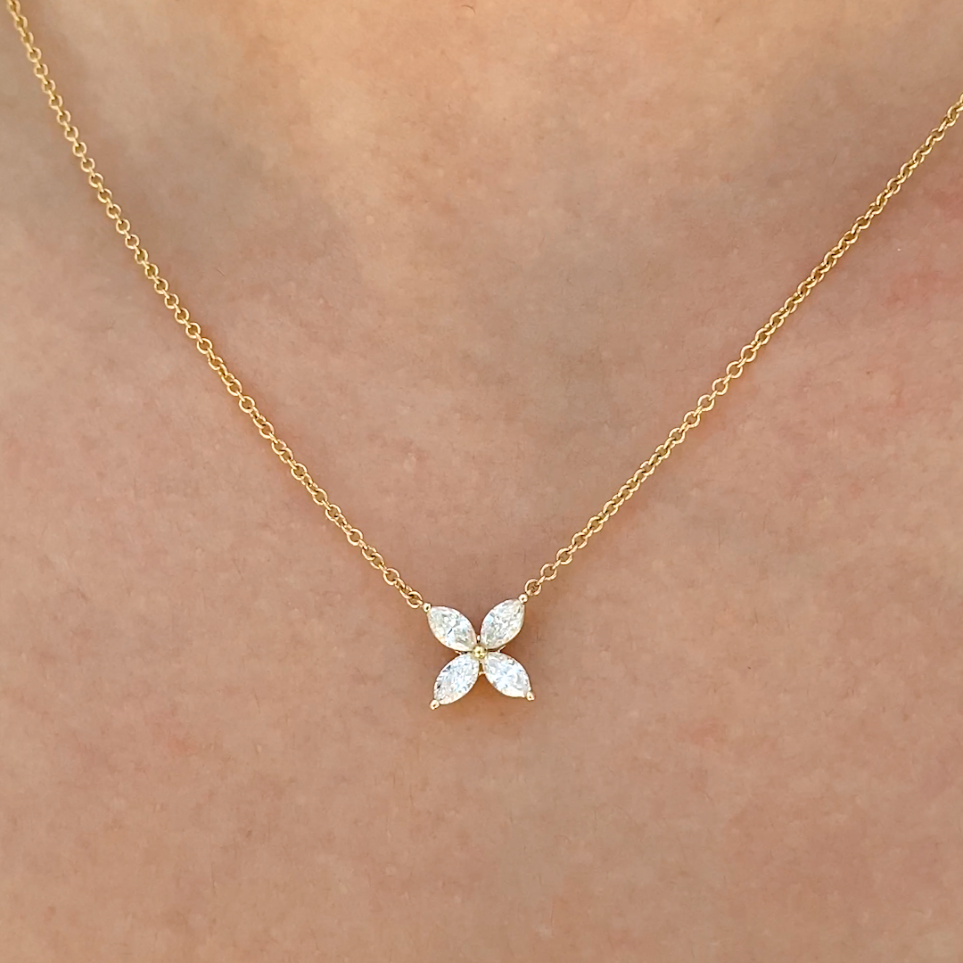 Yellow gold necklace, marquise diamond pendant, La Fleur design.