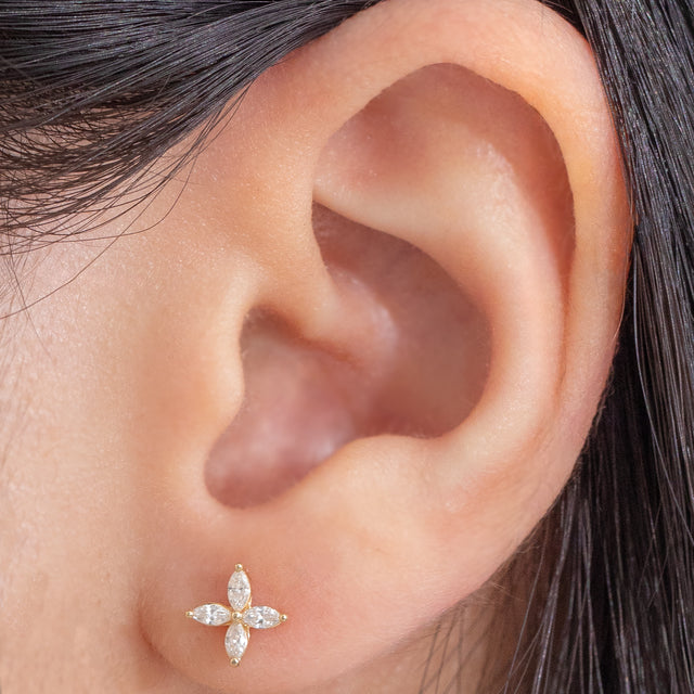 La Fleur Diamond Stud Earrings on Ear, Marquise, Yellow Gold.