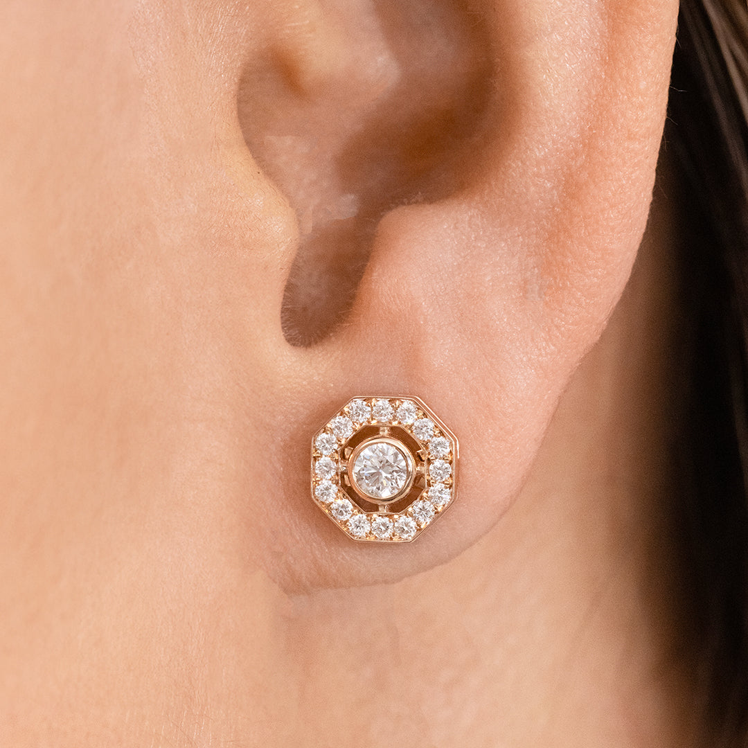 Diamond Studs on Ear, Octagon Bezel, Rose Gold.