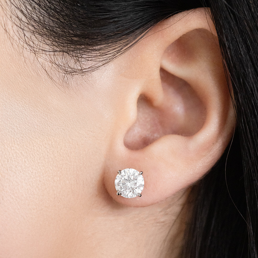 Diamond Stud Earrings on Ear, White Gold, Lab Grown.